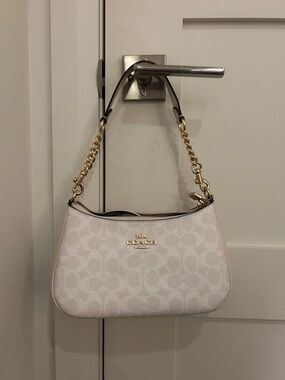 Coach White Signature Mini Shoulder Bag with Gold Hardware